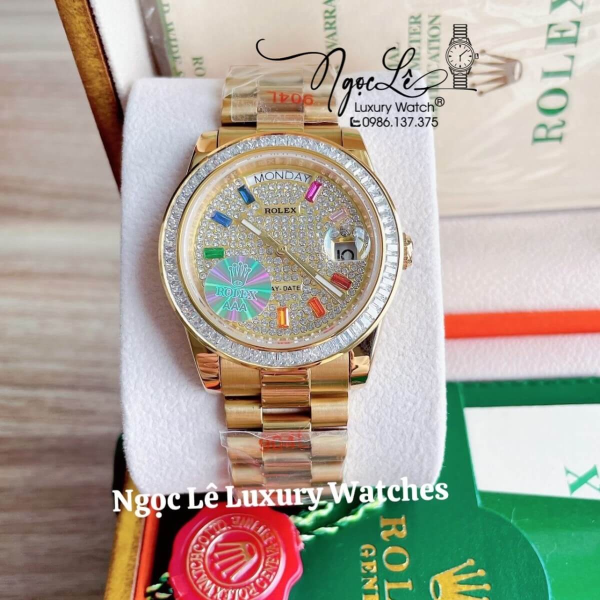Đồng Hồ Rolex Day-Date Tự Động Dây Kim Loại Màu Vàng Mặt Đính Full Đá Size 36mm