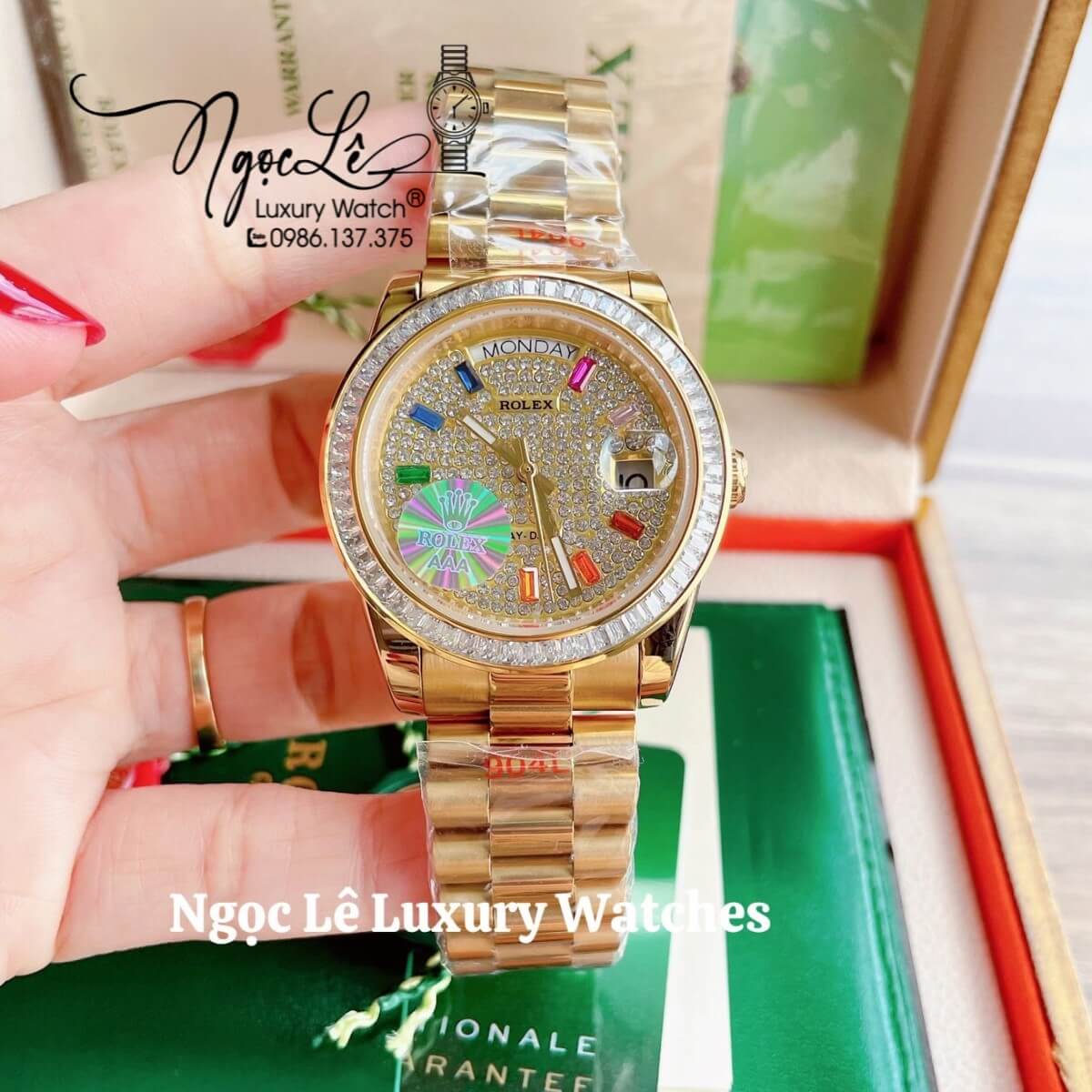 Đồng Hồ Rolex Day-Date Tự Động Dây Kim Loại Màu Vàng Mặt Đính Full Đá Size 36mm