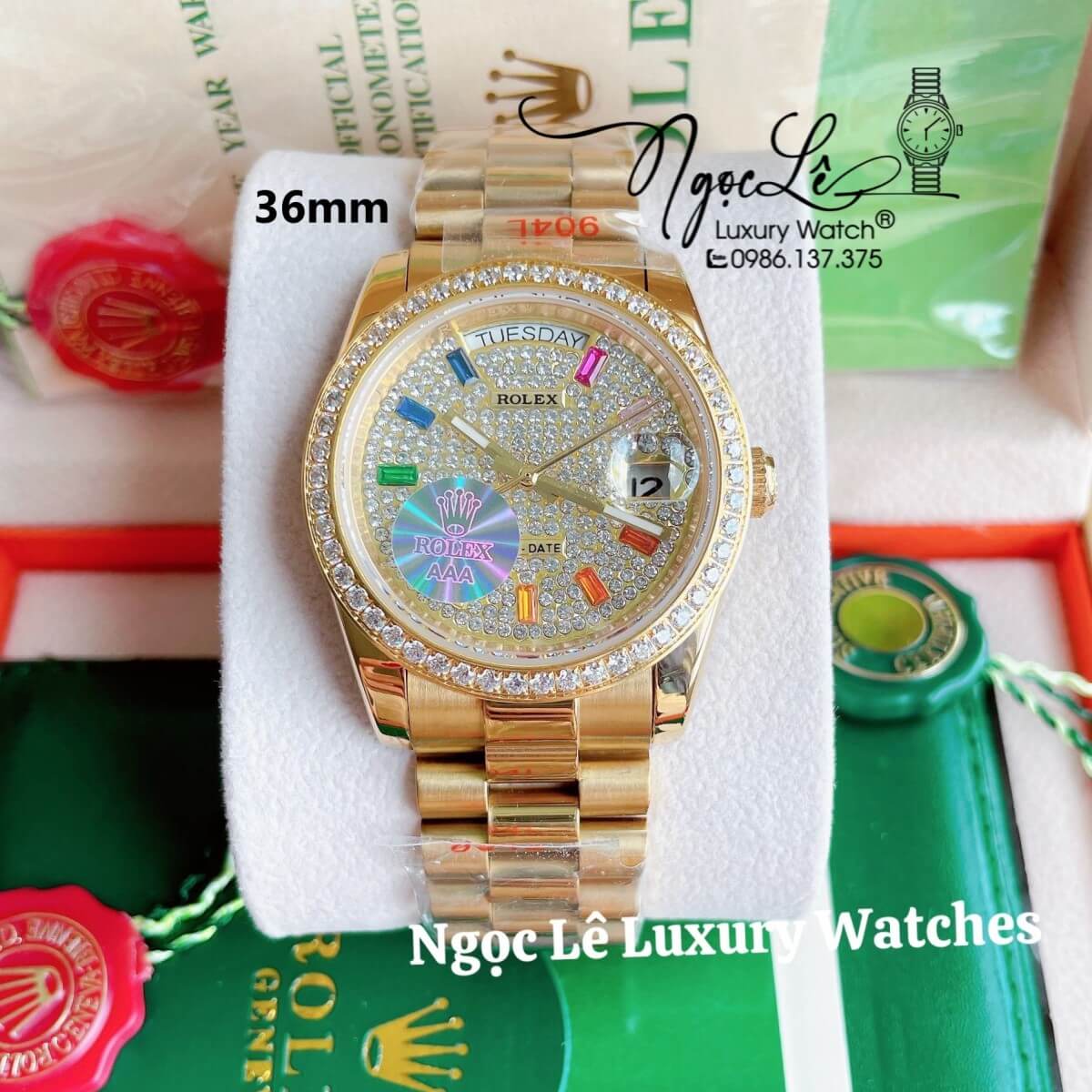 Đồng Hồ Rolex Day-Date Tự Động Dây Kim Loại Màu Vàng Mặt Đính Full Đá Size 36mm