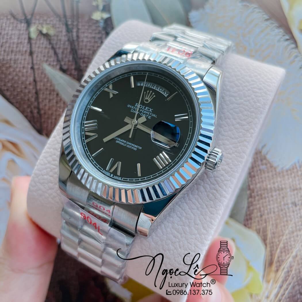 Đồng Hồ Rolex Day-Date Automatic Nam Dây Thép Bạc Mặt Đen Size 41mm - Số La Mã