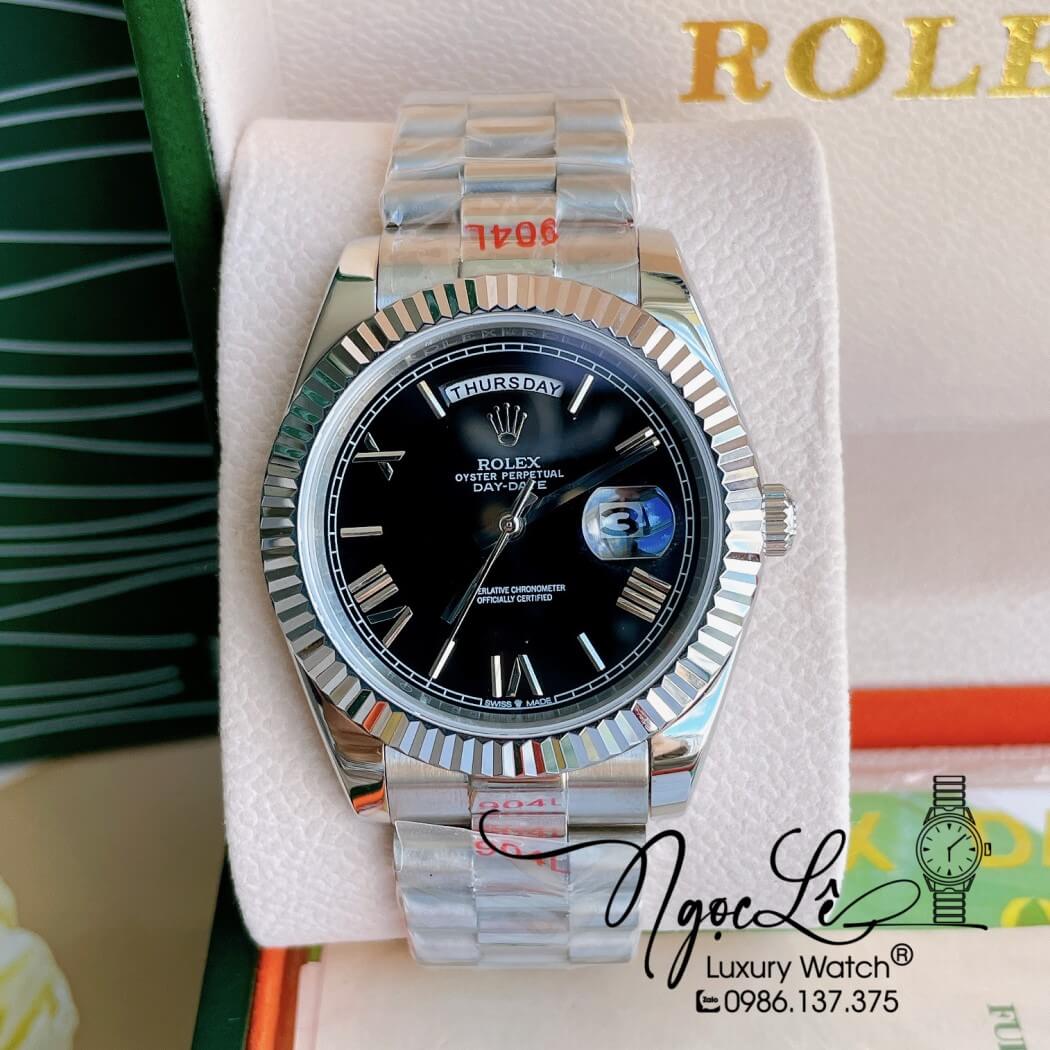 Đồng Hồ Rolex Day-Date Automatic Nam Dây Thép Bạc Mặt Đen Size 41mm - Số La Mã