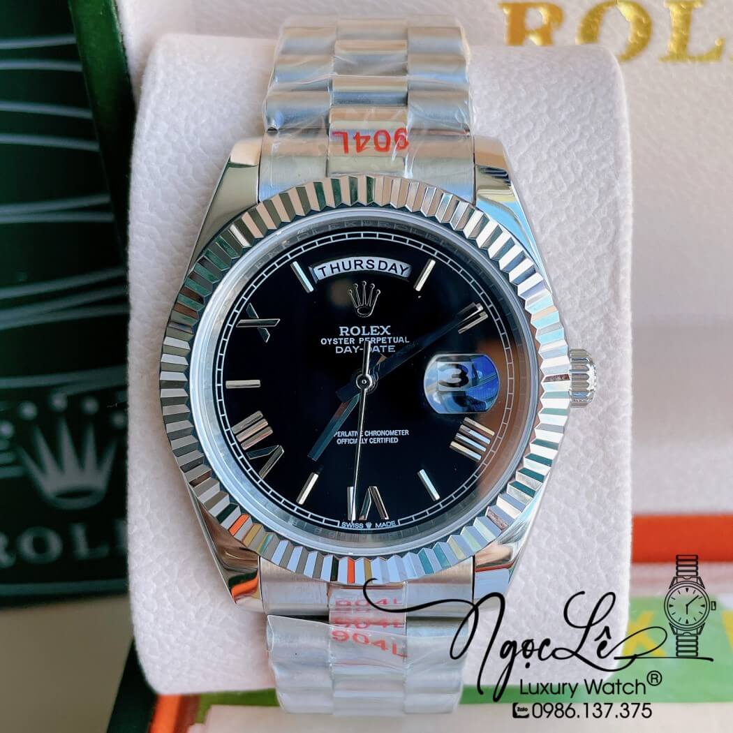 Đồng Hồ Rolex Day-Date Automatic Nam Dây Thép Bạc Mặt Đen Size 41mm - Số La Mã