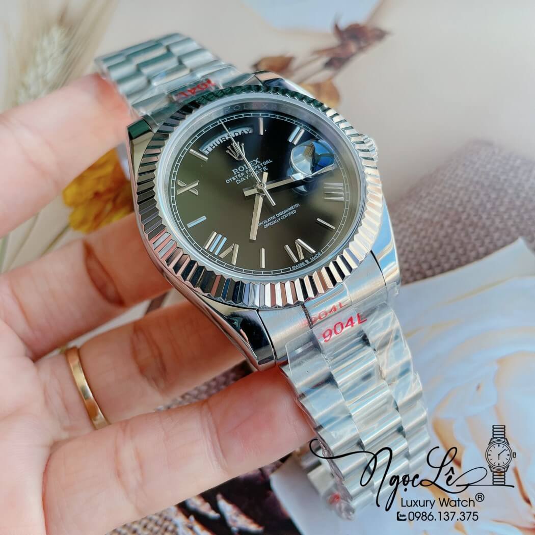 Đồng Hồ Rolex Day-Date Automatic Nam Dây Thép Bạc Mặt Đen Size 41mm - Số La Mã