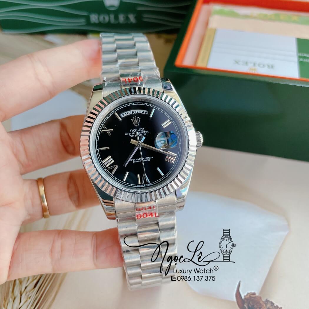 Đồng Hồ Rolex Day-Date Automatic Nam Dây Thép Bạc Mặt Đen Size 41mm - Số La Mã