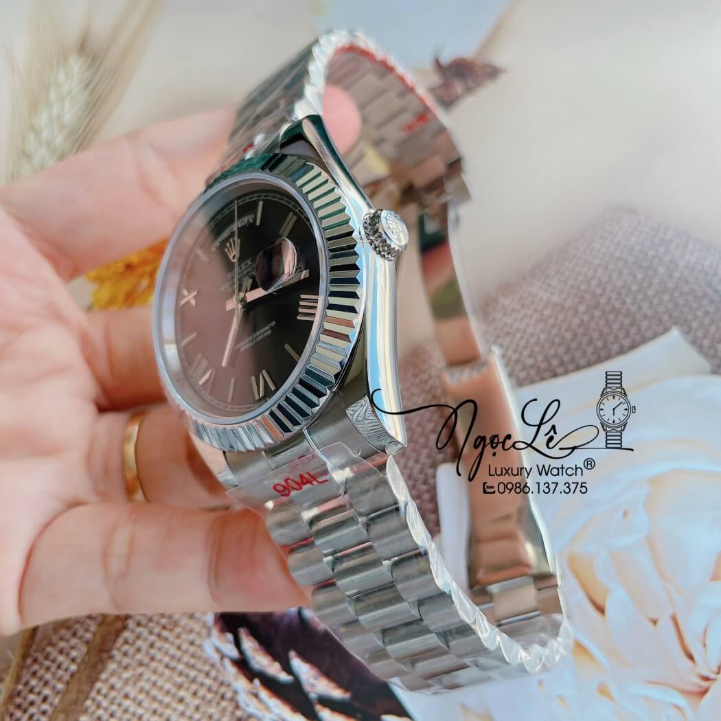 Đồng Hồ Rolex Day-Date Automatic Nam Dây Thép Bạc Mặt Đen Size 41mm - Số La Mã
