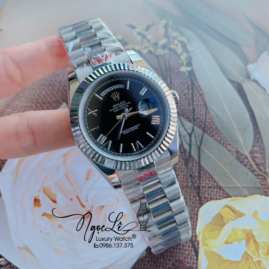 Đồng Hồ Rolex Day-Date Automatic Nam Dây Thép Bạc Mặt Đen Size 41mm - Số La Mã