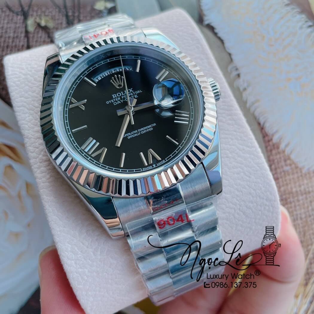 Đồng Hồ Rolex Day-Date Automatic Nam Dây Thép Bạc Mặt Đen Size 41mm - Số La Mã