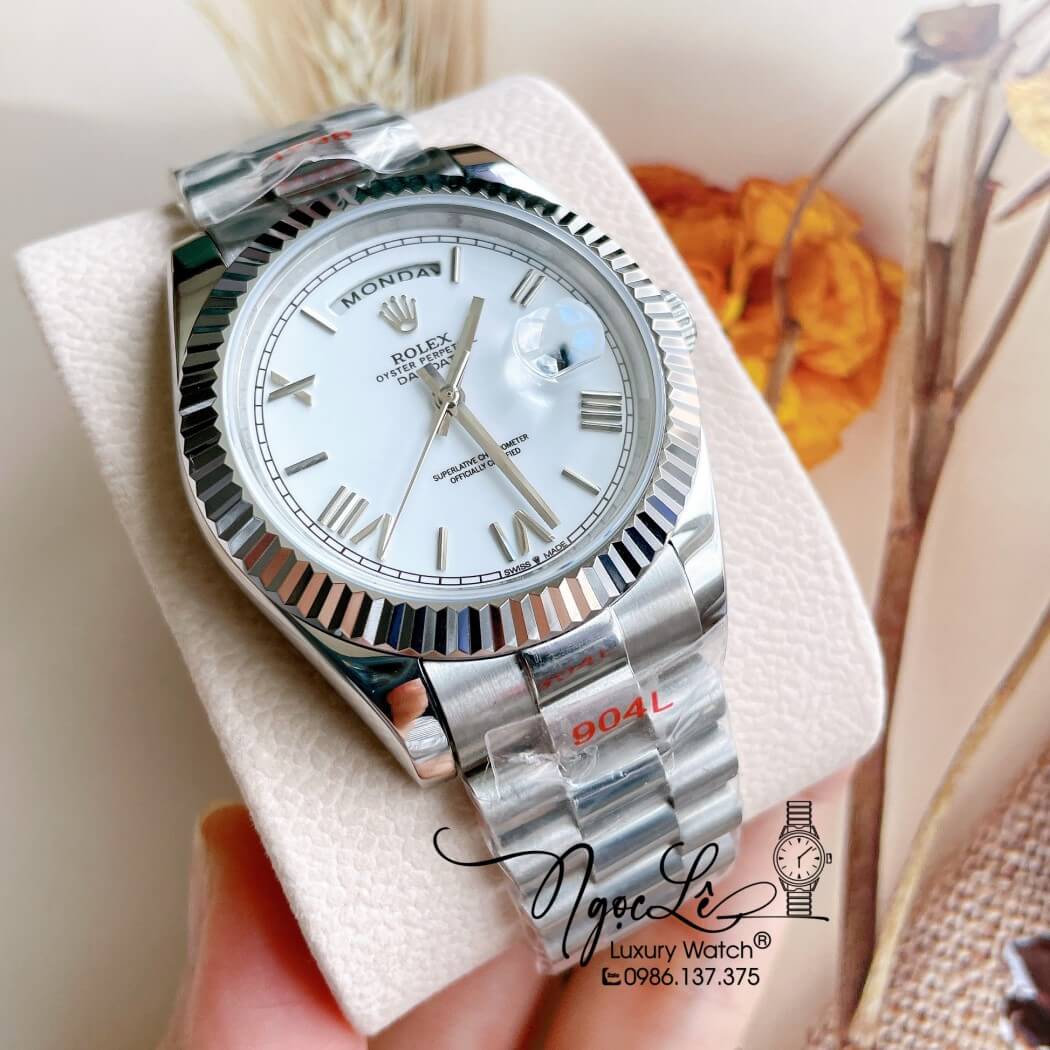 Đồng Hồ Rolex Day-Date Automatic Nam Dây Thép Bạc Mặt Trắng Size 41mm - Phản Quang