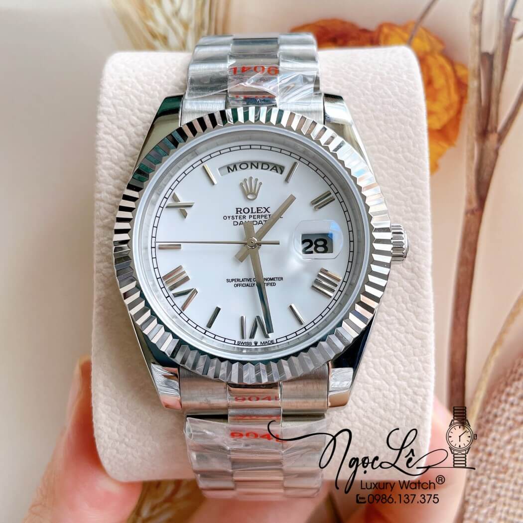 Đồng Hồ Rolex Day-Date Automatic Nam Dây Thép Bạc Mặt Trắng Size 41mm - Phản Quang
