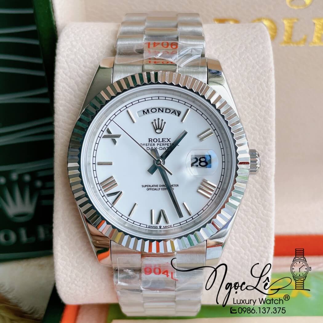 Đồng Hồ Rolex Day-Date Automatic Nam Dây Thép Bạc Mặt Trắng Size 41mm - Số La Mã