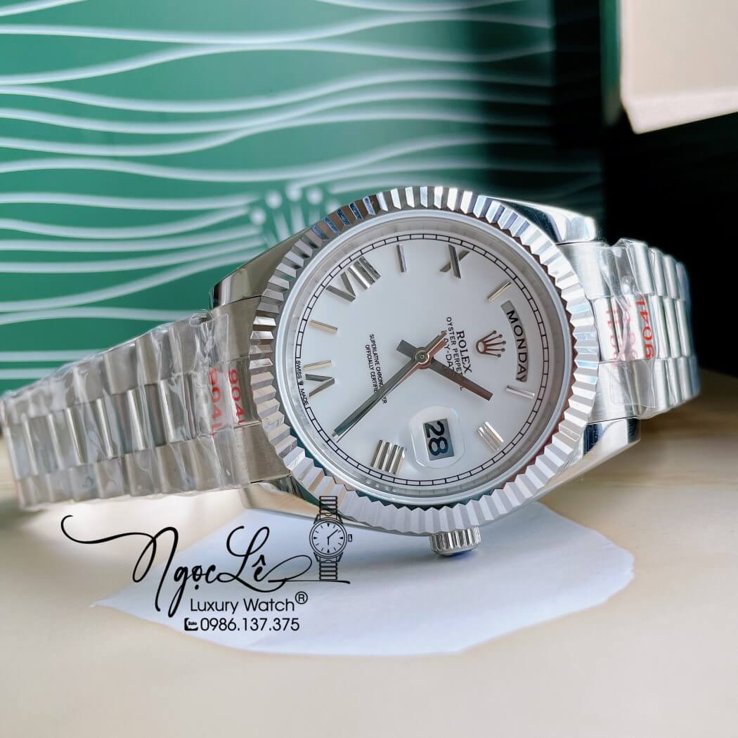 Đồng Hồ Rolex Day-Date Automatic Nam Dây Thép Bạc Mặt Trắng Size 41mm - Phản Quang