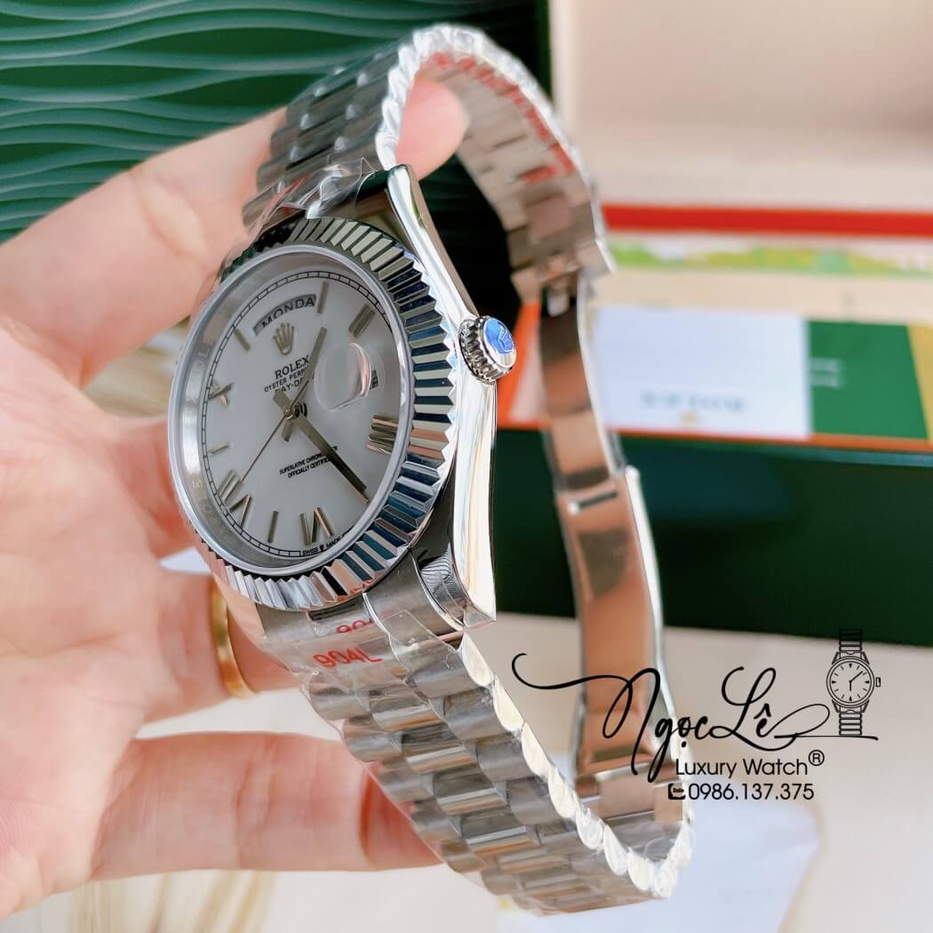 Đồng Hồ Rolex Day-Date Automatic Nam Dây Thép Bạc Mặt Trắng Size 41mm - Phản Quang