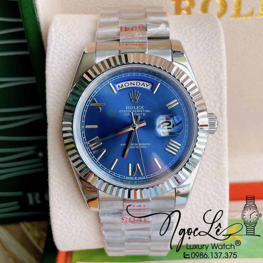 Đồng Hồ Rolex Day-Date Automatic Nam Dây Thép Bạc Mặt Xanh Size 41mm - Số La Mã