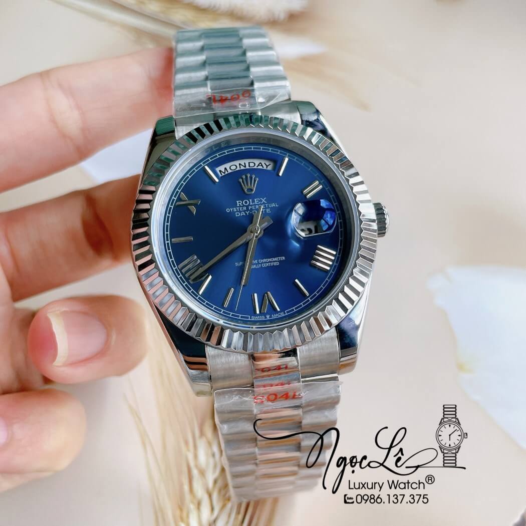 Đồng Hồ Rolex Day-Date Automatic Nam Dây Thép Bạc Mặt Xanh Size 41mm - Số La Mã