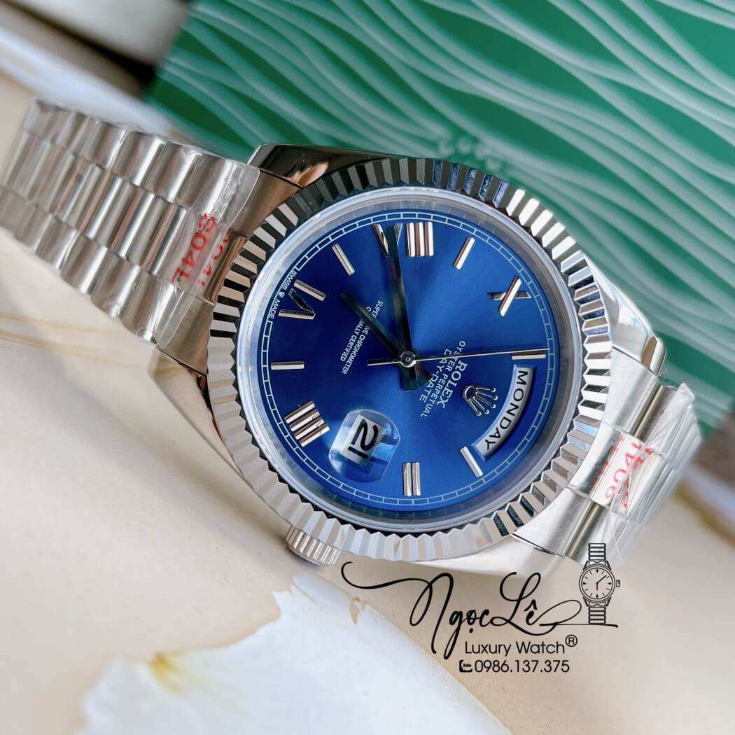 Đồng Hồ Rolex Day-Date Automatic Nam Dây Thép Bạc Mặt Xanh Size 41mm - Số La Mã