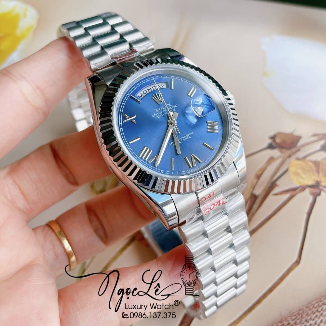 Đồng Hồ Rolex Day-Date Automatic Nam Dây Thép Bạc Mặt Xanh Size 41mm - Số La Mã