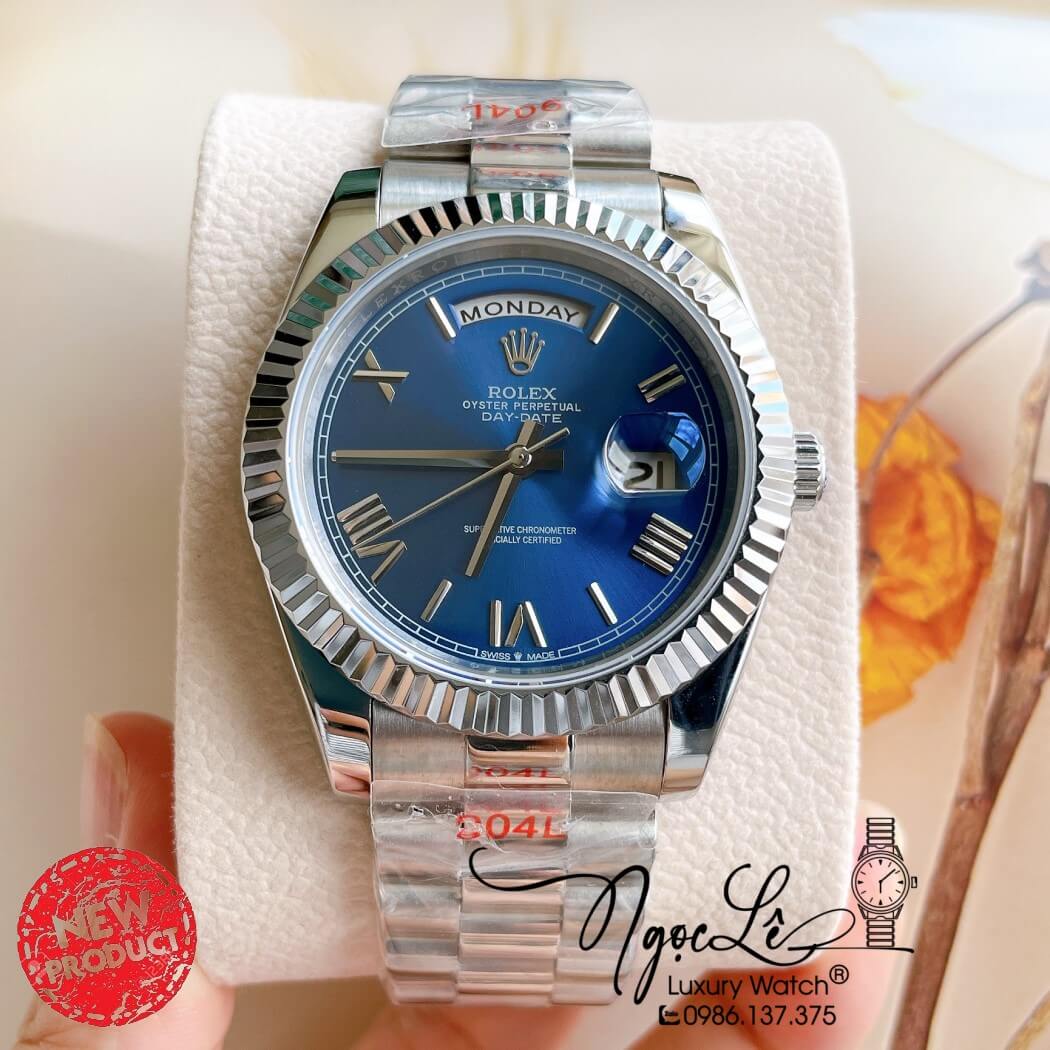 Đồng Hồ Rolex Day-Date Automatic Nam Dây Thép Bạc Mặt Xanh Size 41mm - Số La Mã