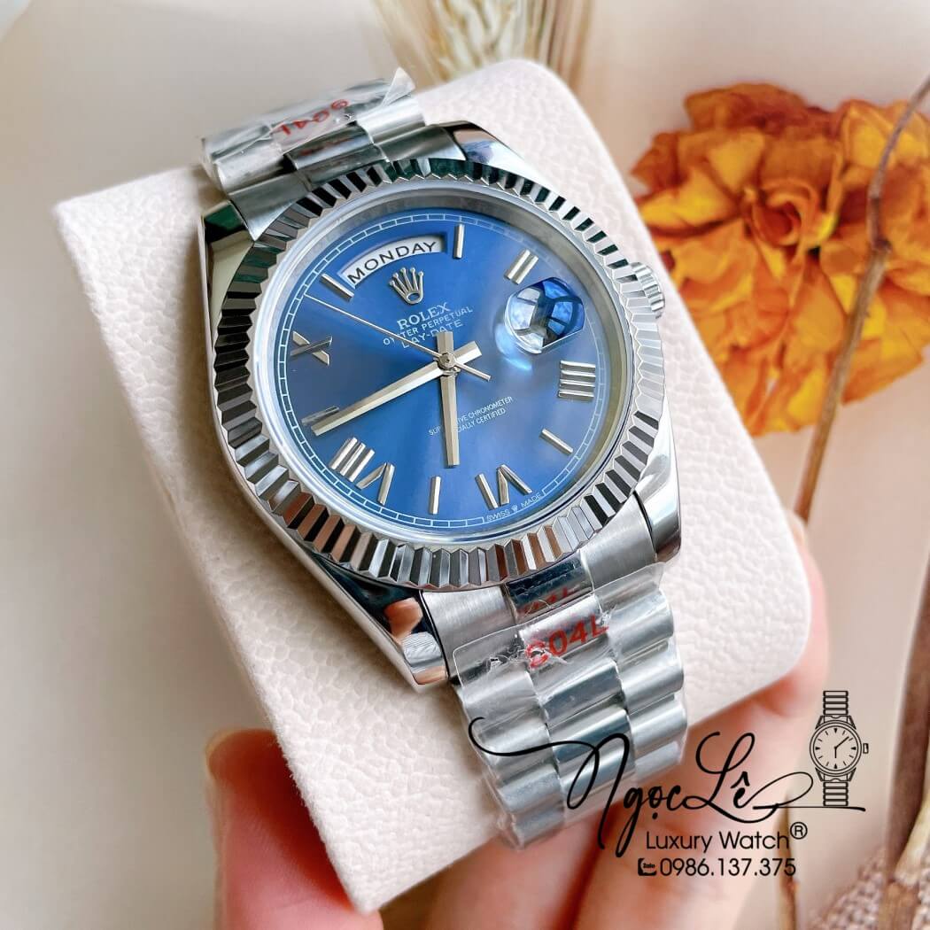 Đồng Hồ Rolex Day-Date Automatic Nam Dây Thép Bạc Mặt Xanh Size 41mm - Số La Mã