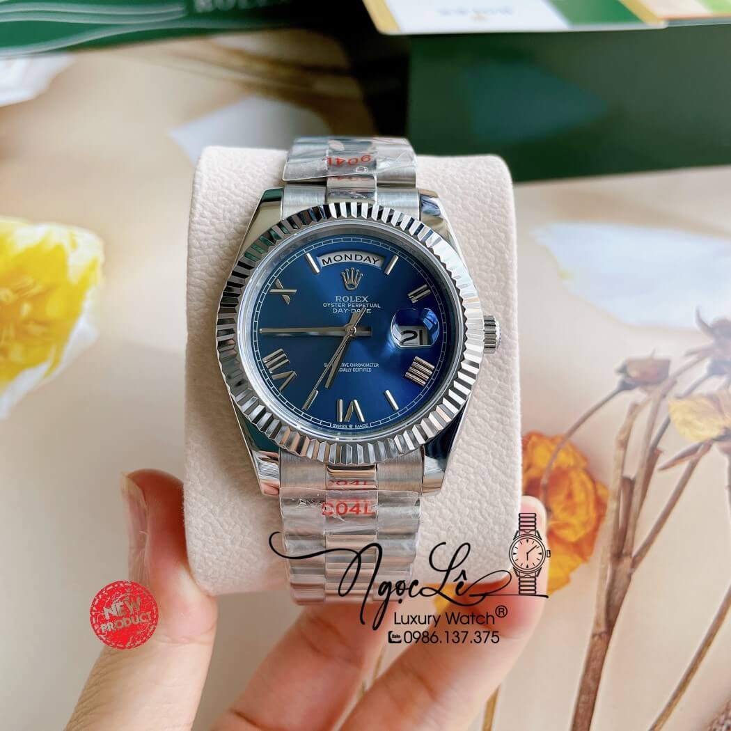 Đồng Hồ Rolex Day-Date Automatic Nam Dây Thép Bạc Mặt Xanh Size 41mm - Số La Mã