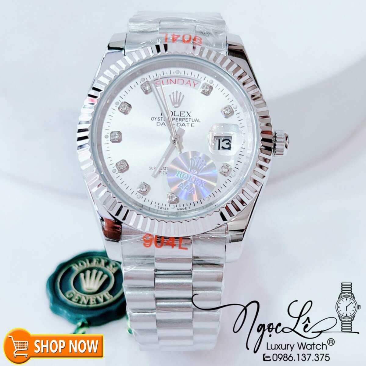 Đồng Hồ Rolex Day-Date Automatic Nam Dây Kim Loại Bạc Mặt Hột Size 41mm