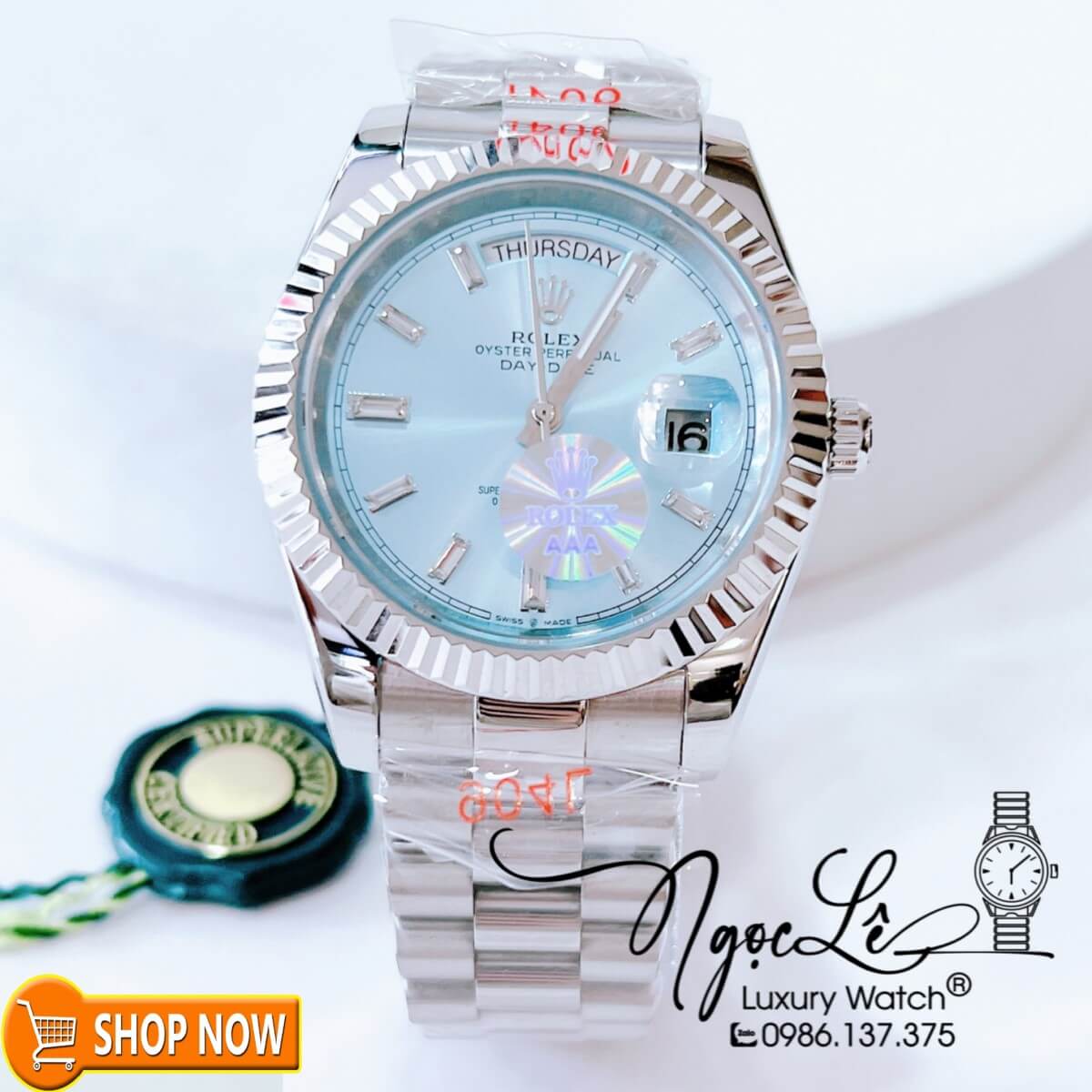 Đồng Hồ Rolex Day-Date Automatic Nam Dây Bạc Mặt Xanh Nhạt Size 41mm Phản Quang