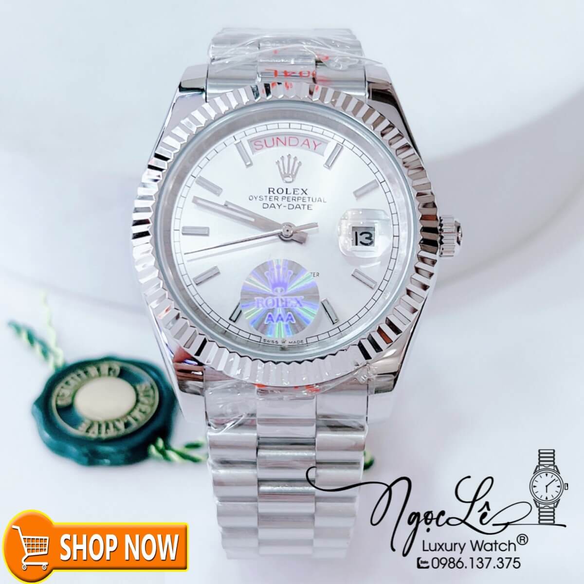 Đồng Hồ Rolex Day-Date Automatic Nam Dây Bạc Mặt Trắng Size 41mm Phản Quang