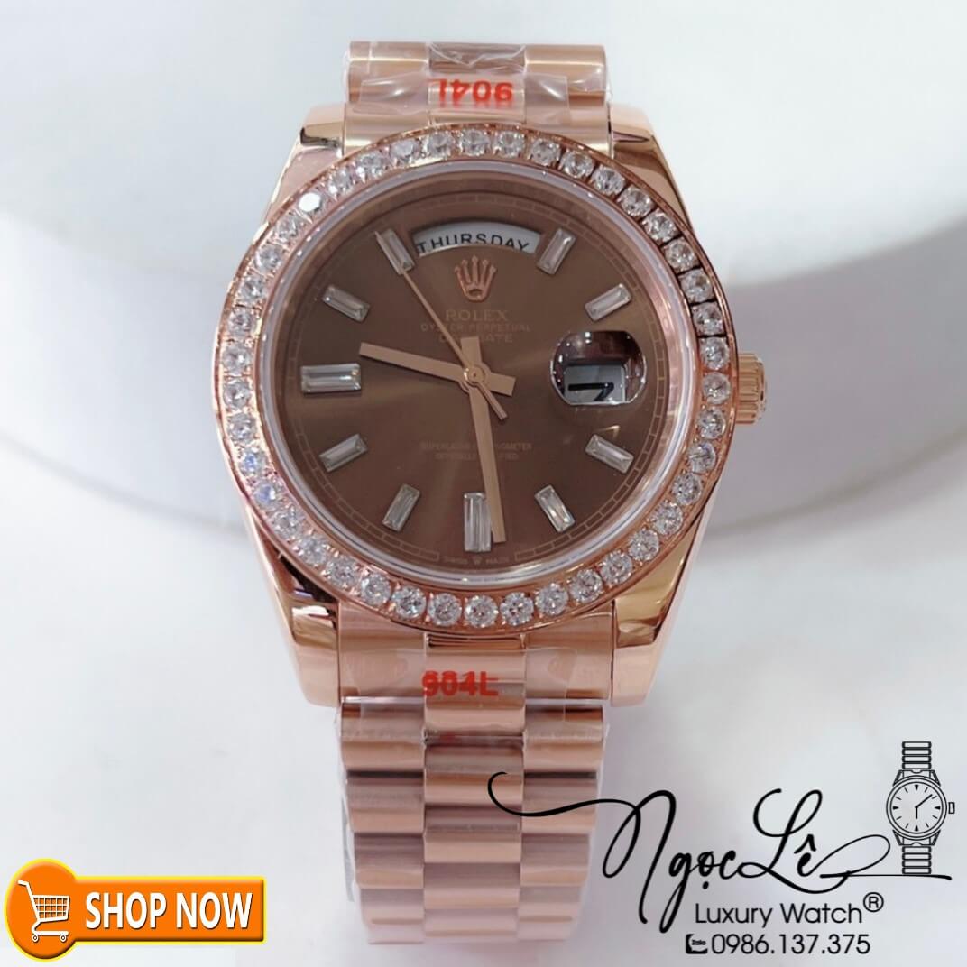 Đồng Hồ Rolex Day-Date Automatic Nam Dây Thép Vàng Hồng Mặt Nâu Niềng Đá Size 41mm