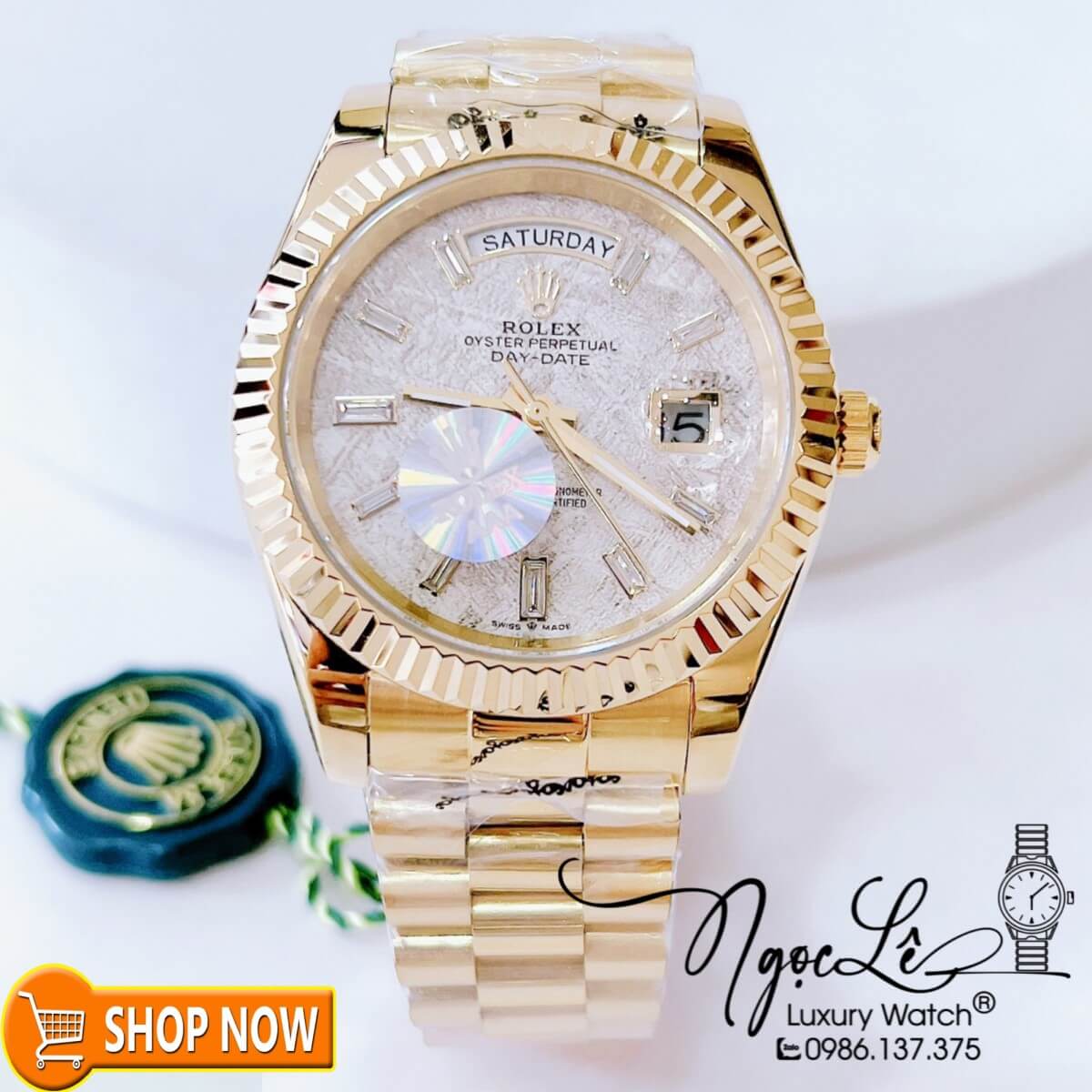 Đồng Hồ Rolex Day-Date Automatic Nam Vàng Mặt Thiên Thạch Size 41mm Phản Quang