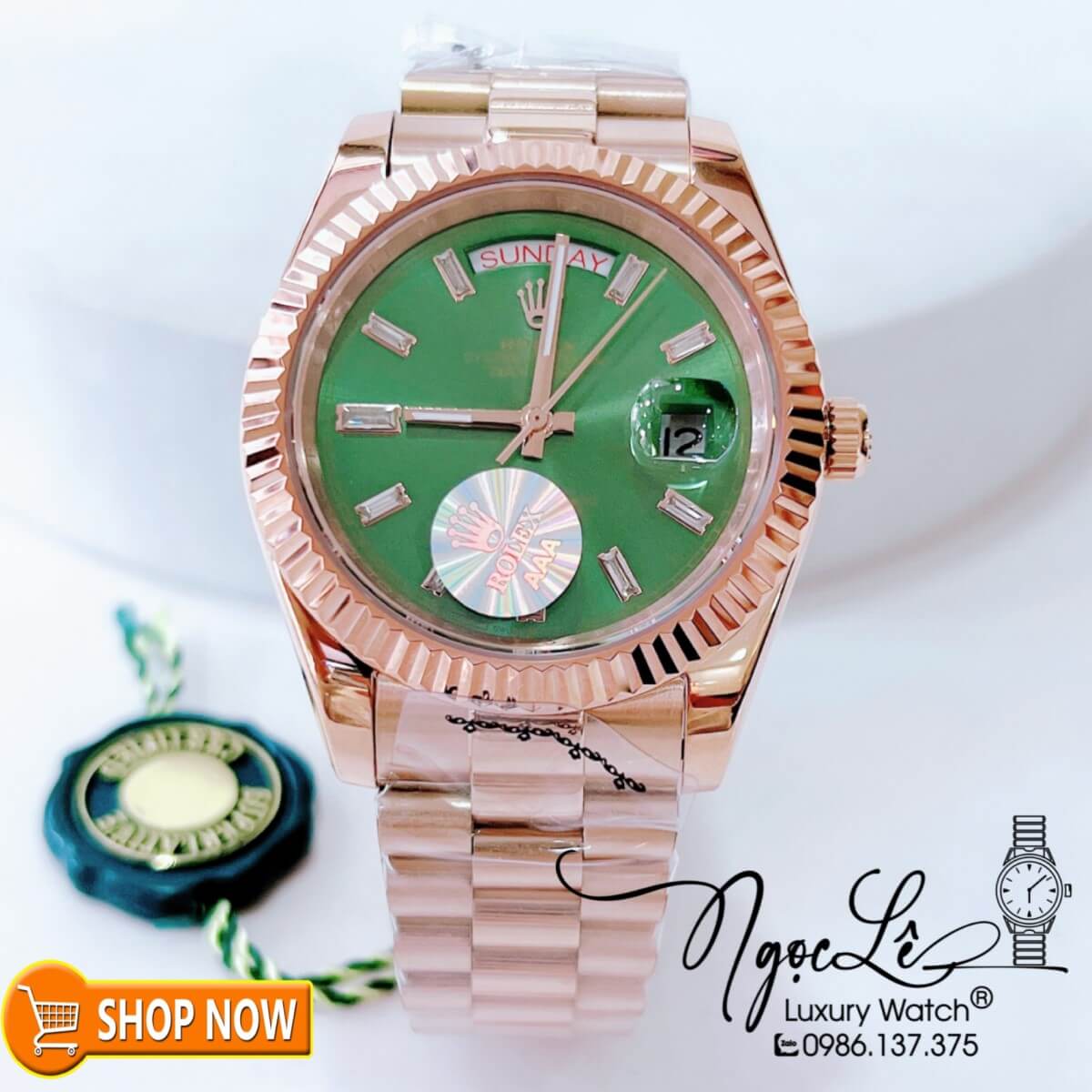 Đồng Hồ Rolex Day-Date Automatic Nam Dây Vàng Hồng Mặt Xanh Lá Size 41mm Vạch Đá