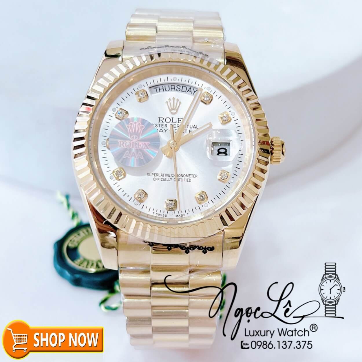 Đồng Hồ Rolex Day-Date Automatic Nam Dây Kim Loại Vàng Mặt Đính Hột Size 41mm