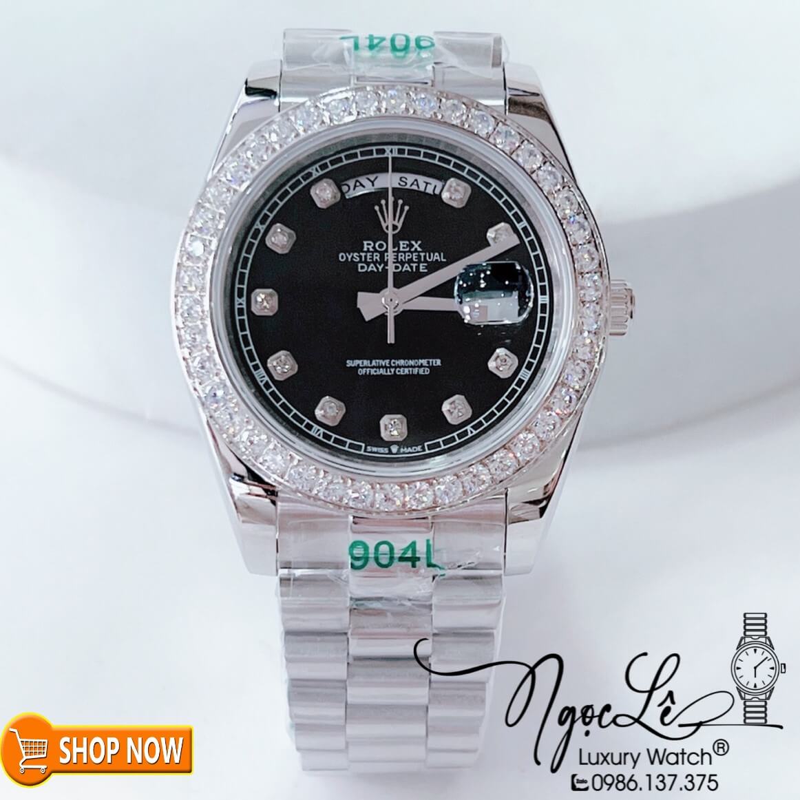 Đồng Hồ Rolex Day-Date Automatic Nam Dây Kim Loại Bạc Mặt Đen Niềng Đá Size 41mm