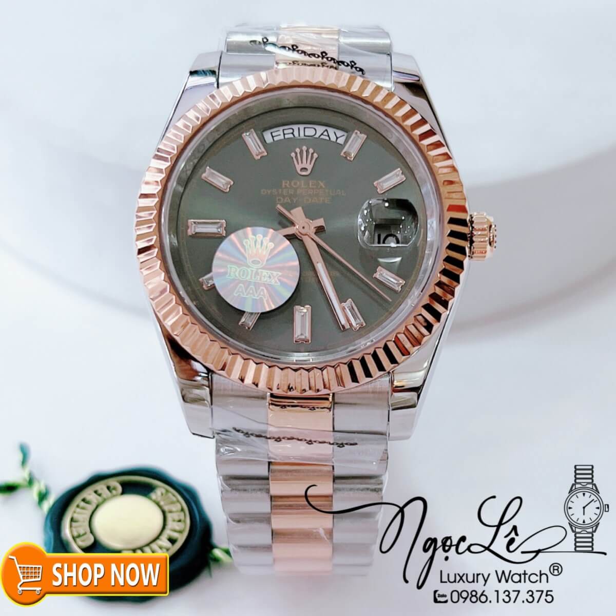 Đồng Hồ Rolex Day-Date Automatic Nam Dây Demi Vàng Hồng Mặt Xám Size 41mm Vạch Đá