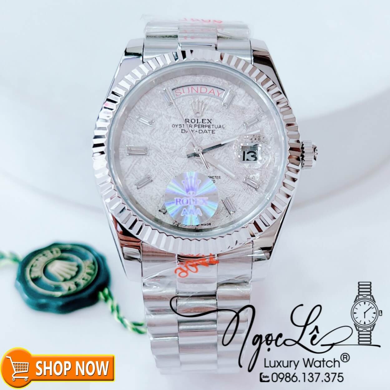 Đồng Hồ Rolex Day-Date Automatic Nam Bạc Mặt Thiên Thạch Size 41mm Phản Quang