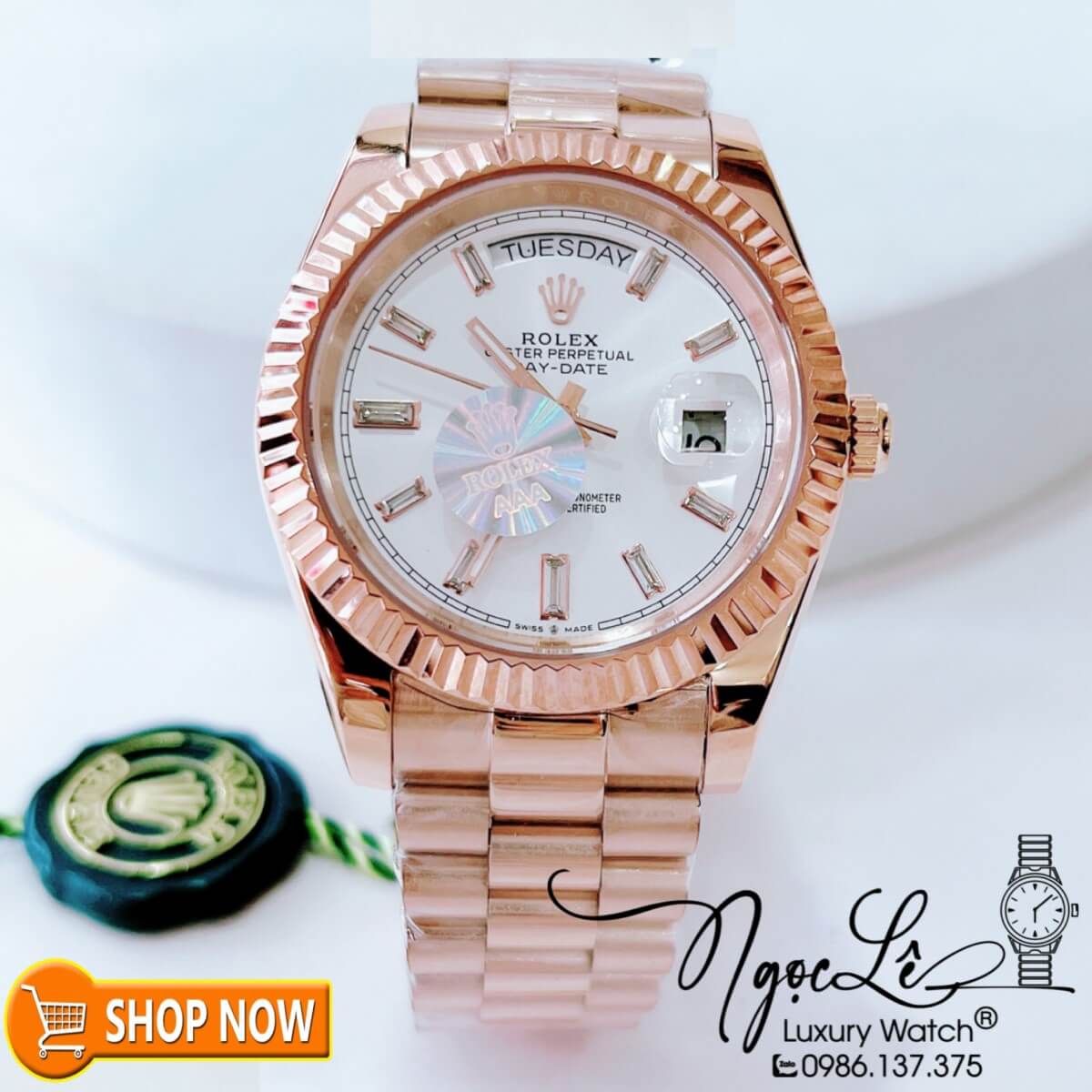 Đồng Hồ Rolex Day-Date Automatic Nam Dây Vàng Hồng Mặt Trắng Size 41mm Vạch Đá