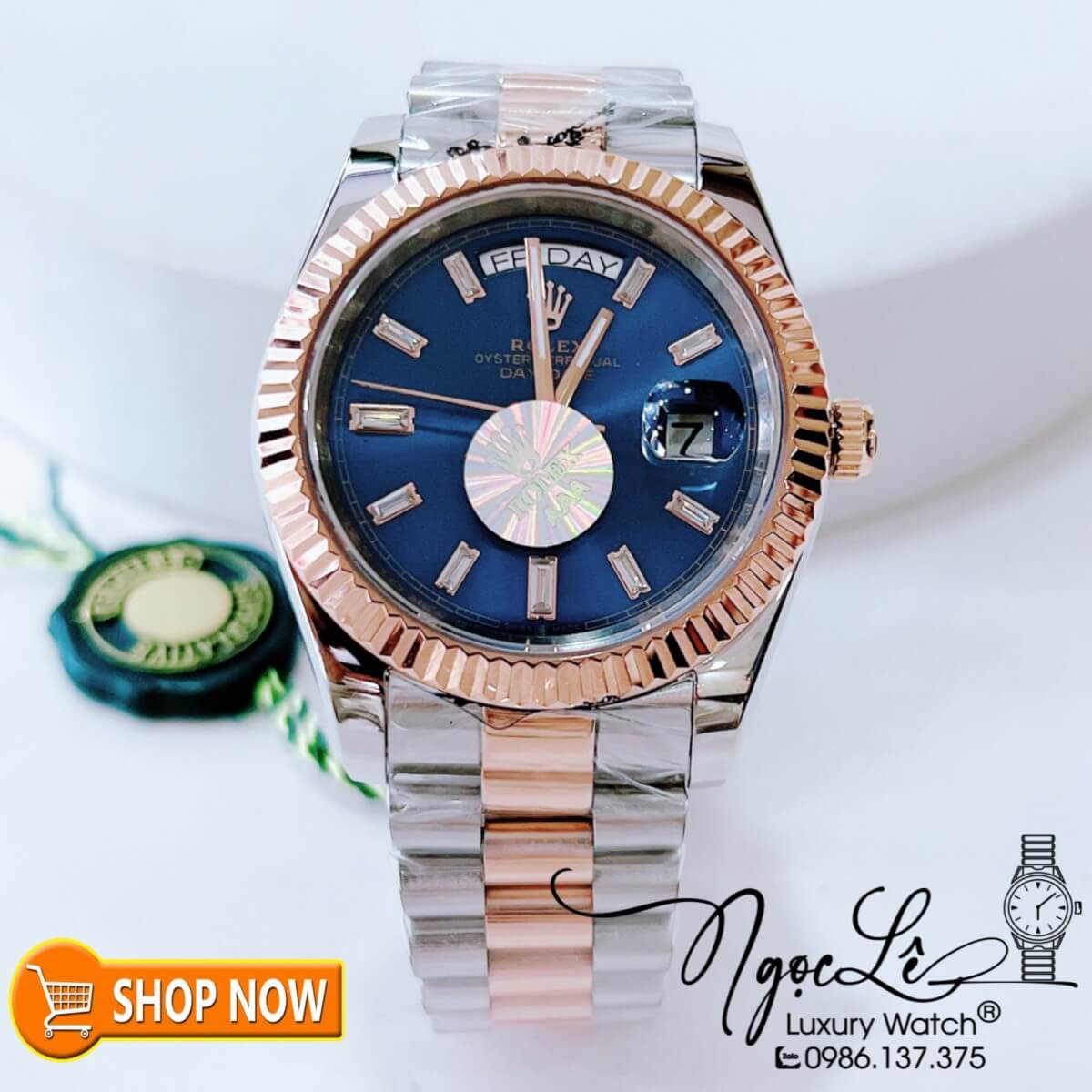 Đồng Hồ Rolex Day-Date Automatic Nam Dây Demi Vàng Hồng Mặt Xanh Dương Size 41mm Vạch Đá