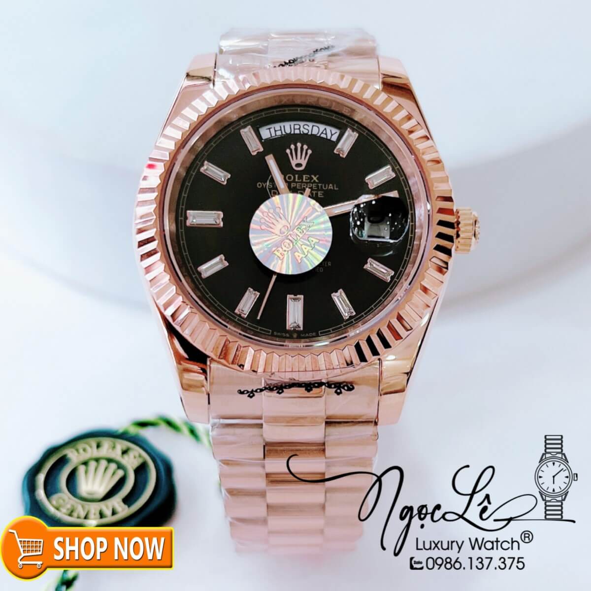 Đồng Hồ Rolex Day-Date Automatic Nam Dây Vàng Hồng Mặt Đen Size 41mm Vạch Đá