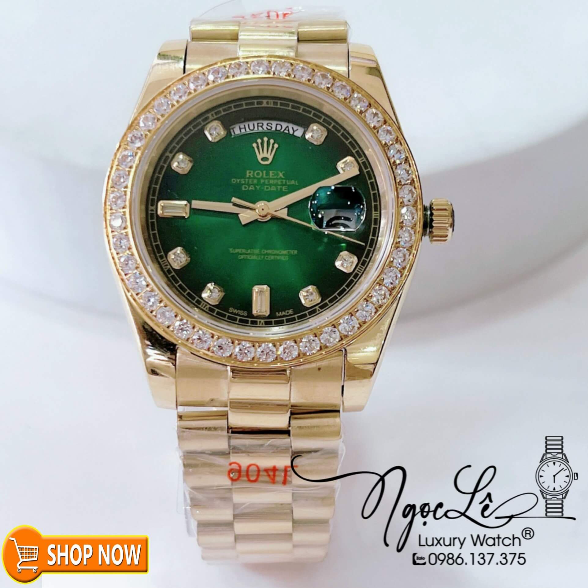 Đồng Hồ Rolex Day-Date Automatic Nam Dây Kim Loại Vàng Mặt Xanh Ombre Niềng Đá Size 41mm