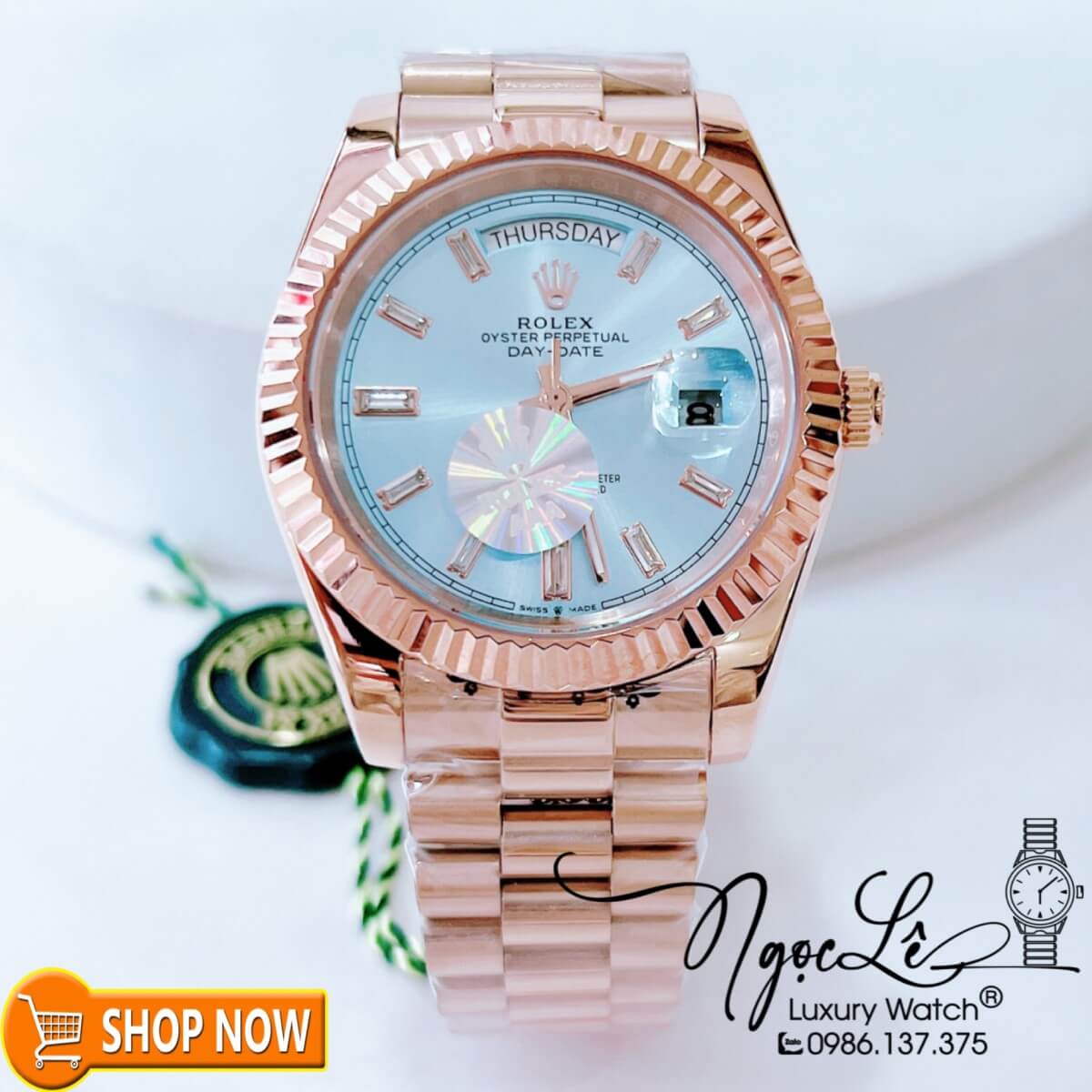 Đồng Hồ Rolex Day-Date Automatic Nam Dây Vàng Hồng Mặt Xanh Ngọc Size 41mm Vạch Đá