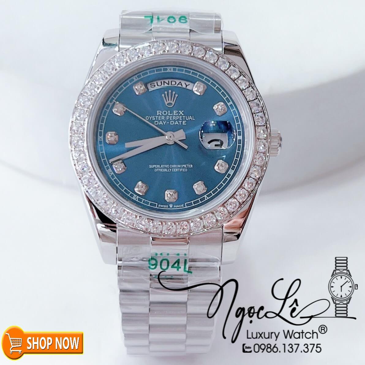 Đồng Hồ Rolex Day-Date Automatic Nam Dây Kim Loại Bạc Mặt Xanh Dương Niềng Đá Size 41mm