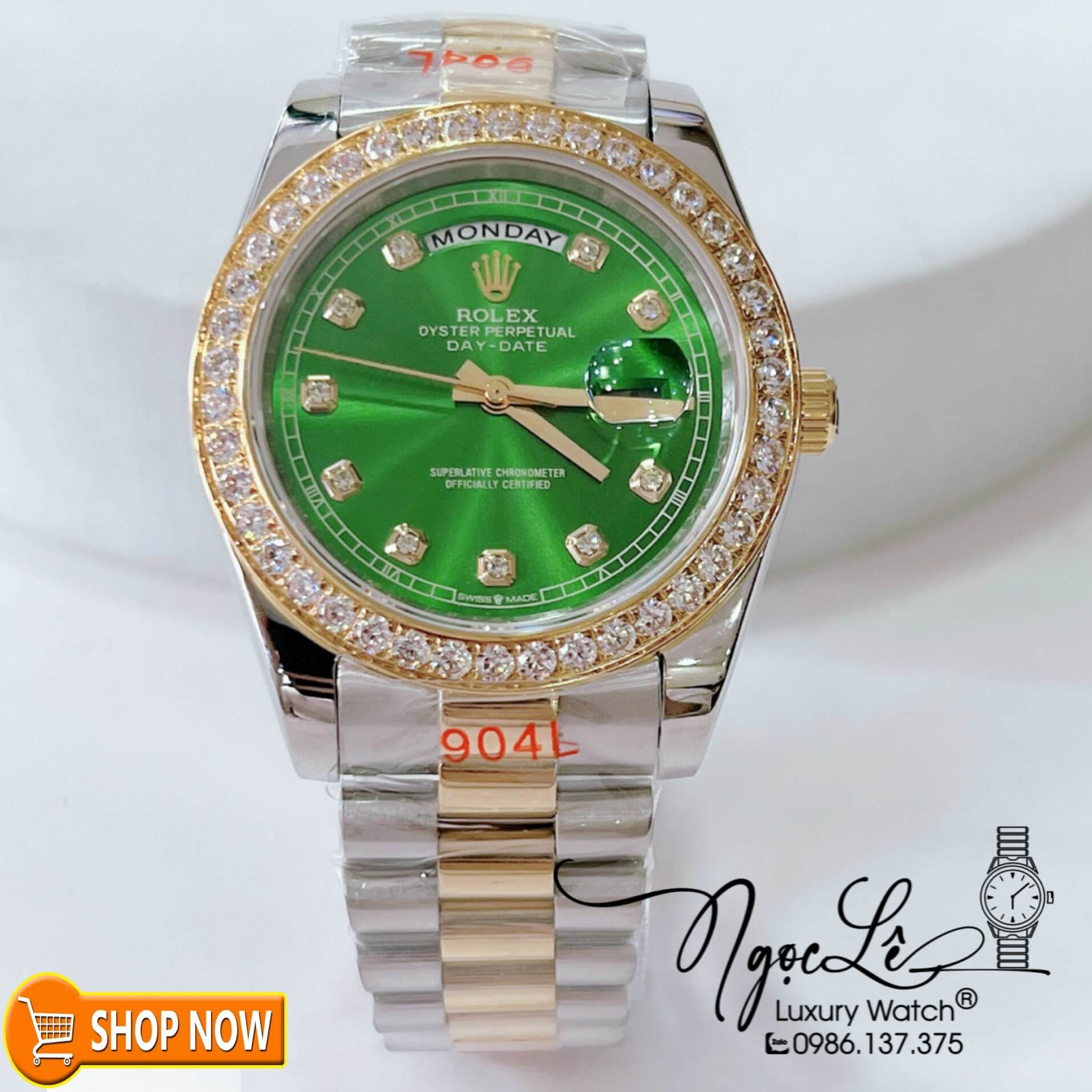 Đồng Hồ Rolex Day-Date Automatic Nam Dây Kim Loại Demi Vàng Mặt Xanh Lá Niềng Đá Size 41mm