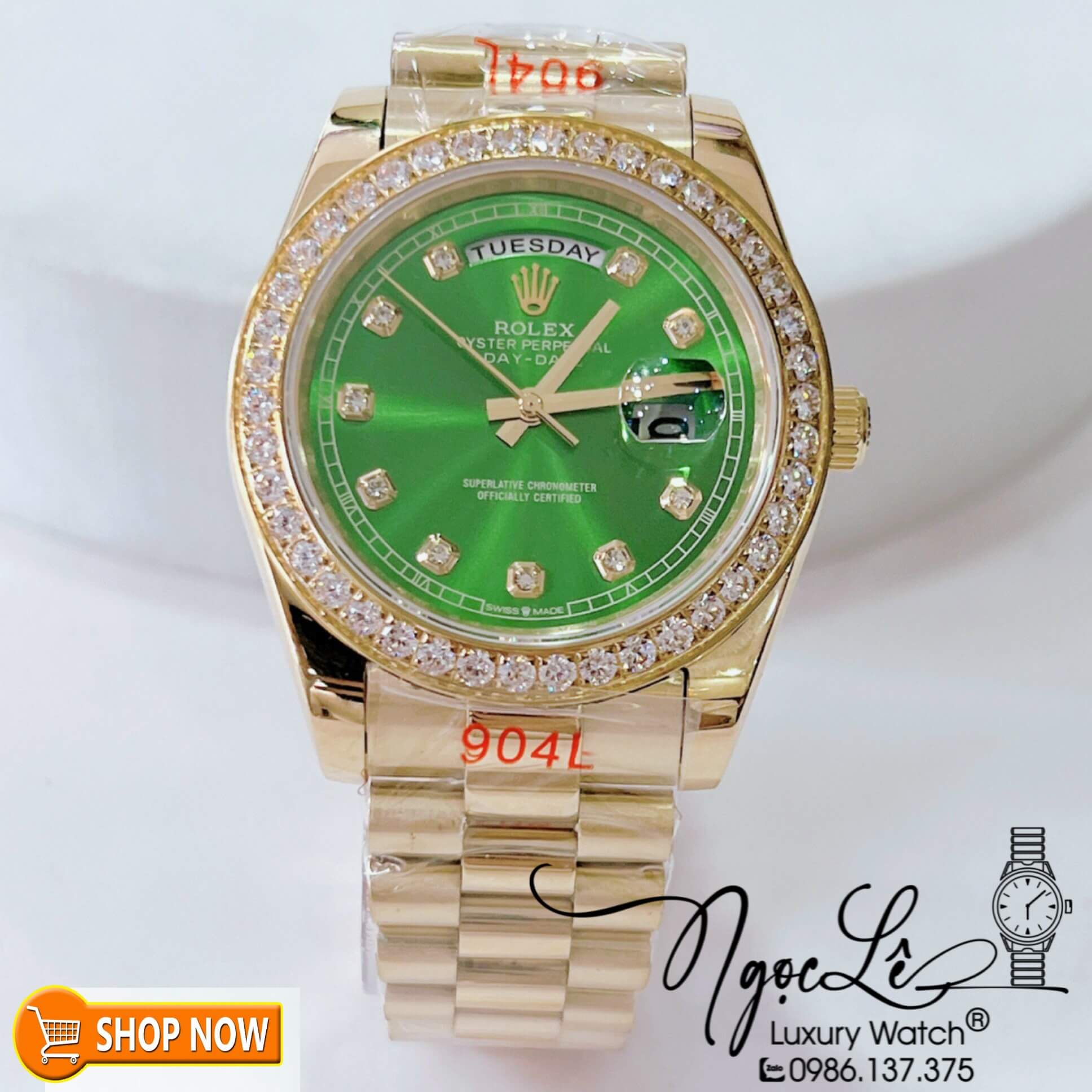 Đồng Hồ Rolex Day-Date Automatic Nam Dây Kim Loại Vàng Mặt Xanh Lá Niềng Đá Size 41mm