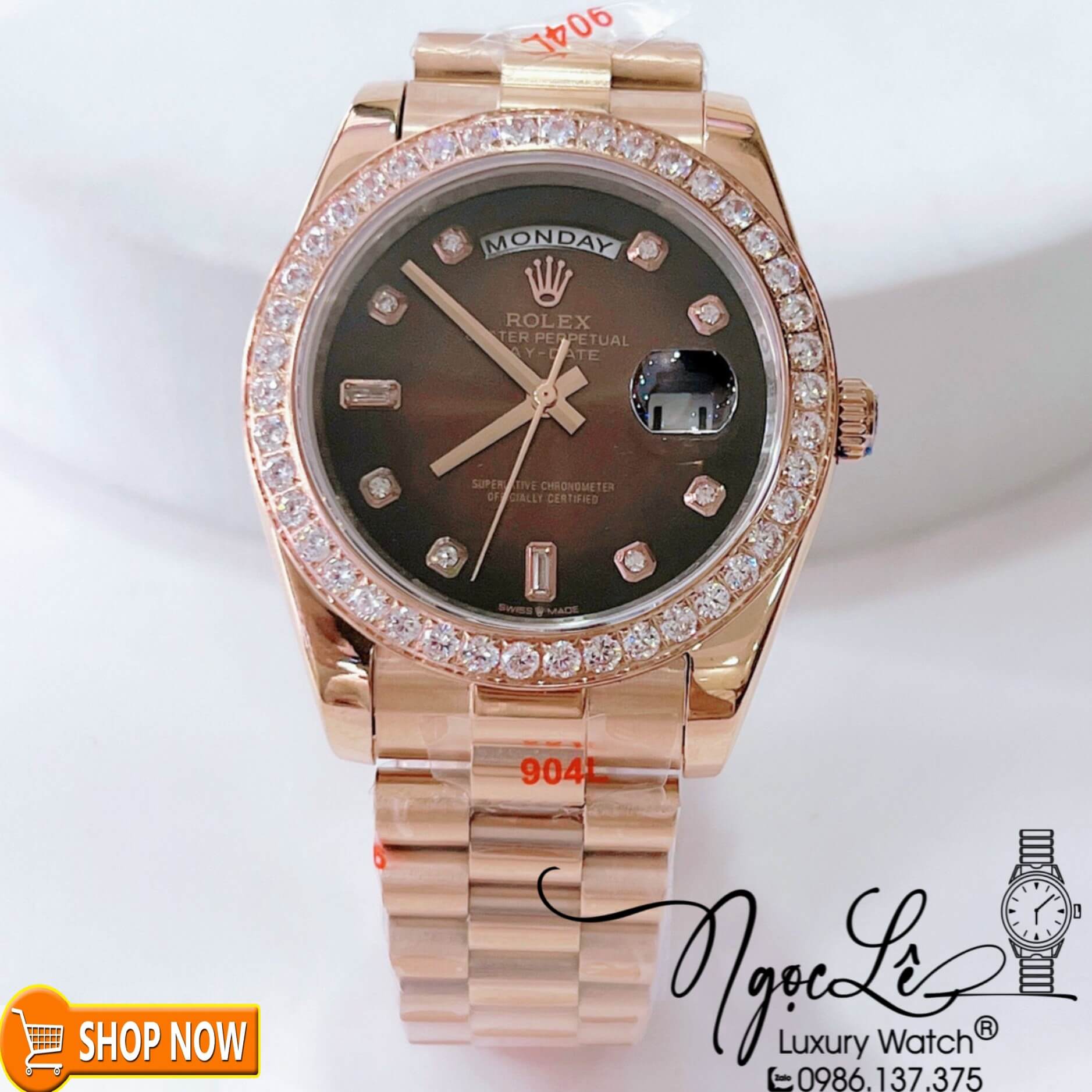 Đồng Hồ Rolex Day-Date Automatic Nam Dây Kim Loại Vàng Hồng Mặt Nâu Ombre Niềng Đá Size 41mm