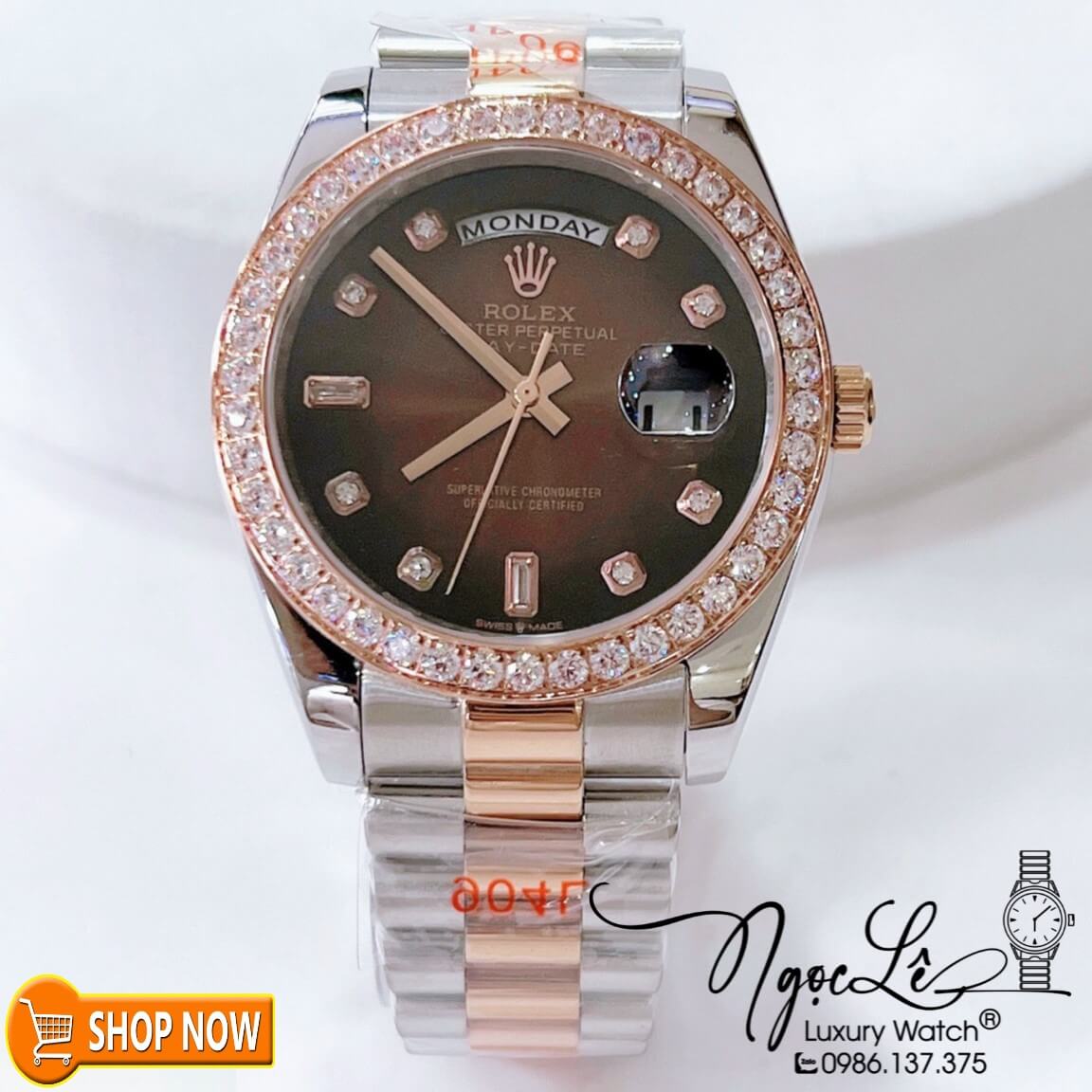 Đồng Hồ Rolex Day-Date Automatic Nam Dây Kim Loại Demi Vàng Hồng Mặt Nâu Ombre Niềng Đá Size 41mm