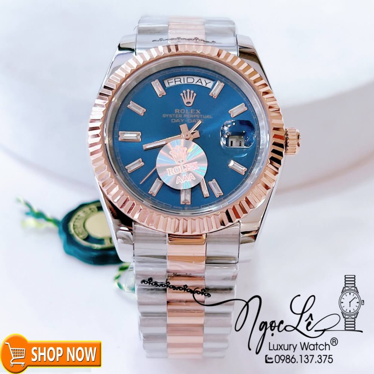 Đồng Hồ Rolex Day-Date Automatic Nam Dây Demi Rose Mặt Xanh Dương Size 41mm Phản Quang