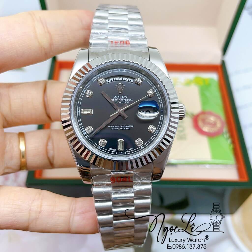 Đồng Hồ Rolex Day-Date Automatic Dây Kim Loại Bạc Mặt Đen 41mm