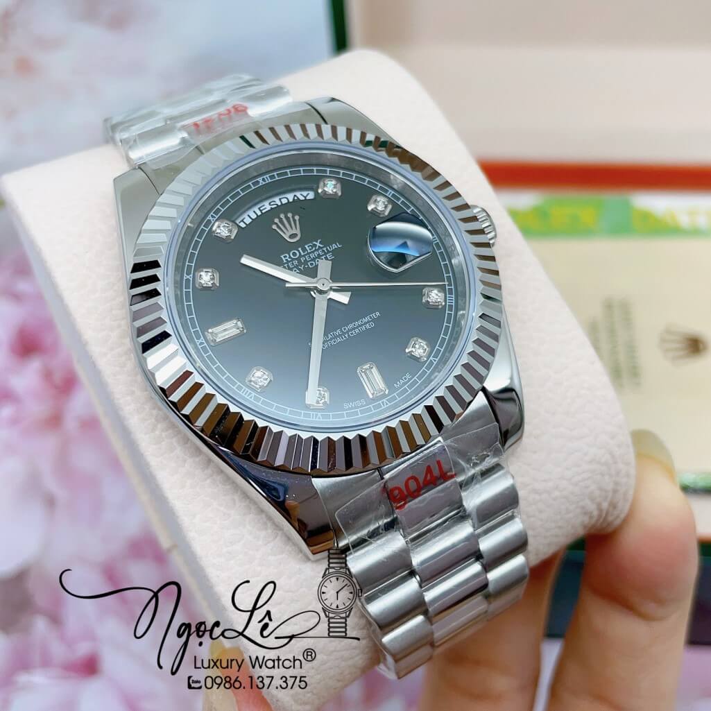 Đồng Hồ Rolex Day-Date Automatic Dây Kim Loại Bạc Mặt Đen 41mm