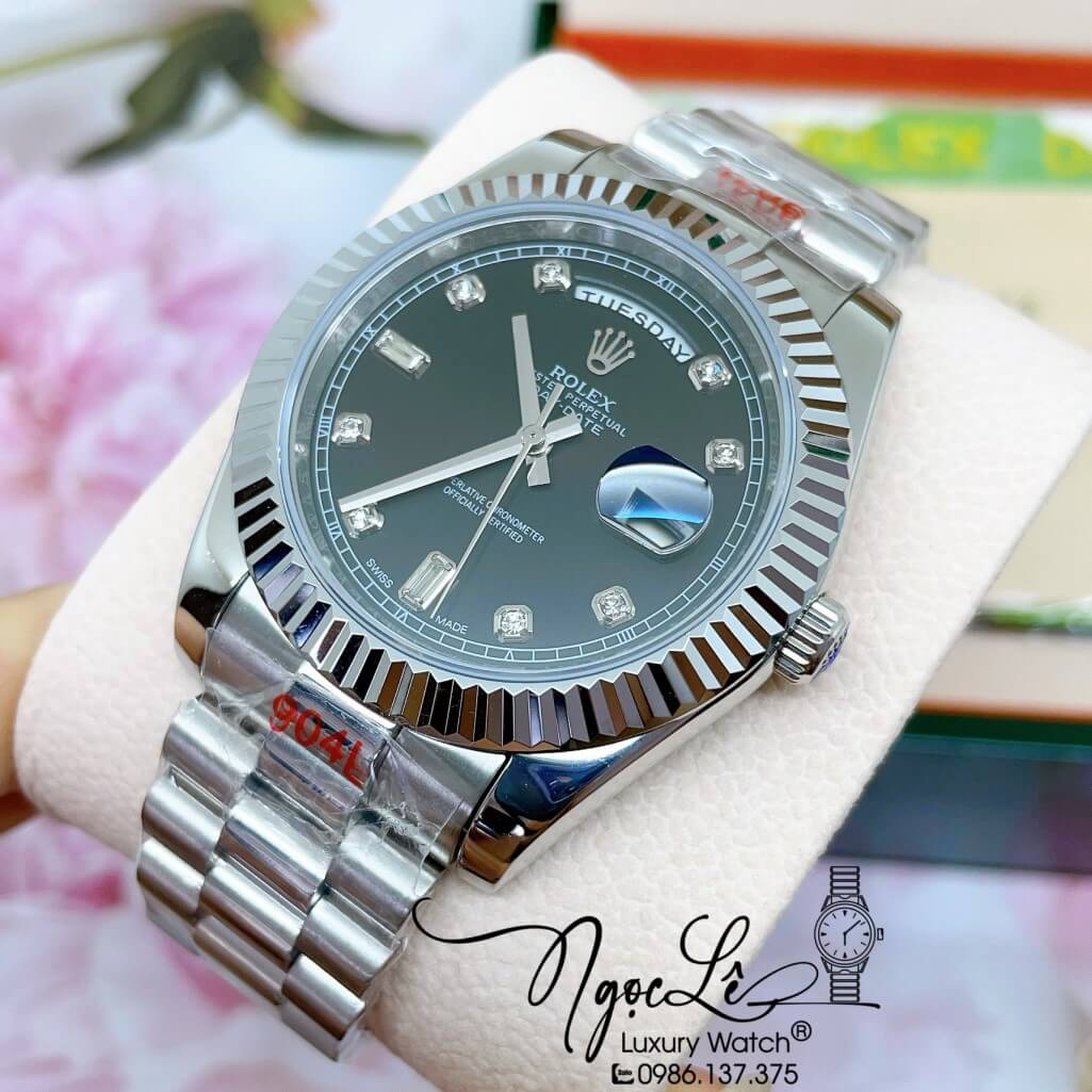 Đồng Hồ Rolex Day-Date Automatic Dây Kim Loại Bạc Mặt Đen 41mm