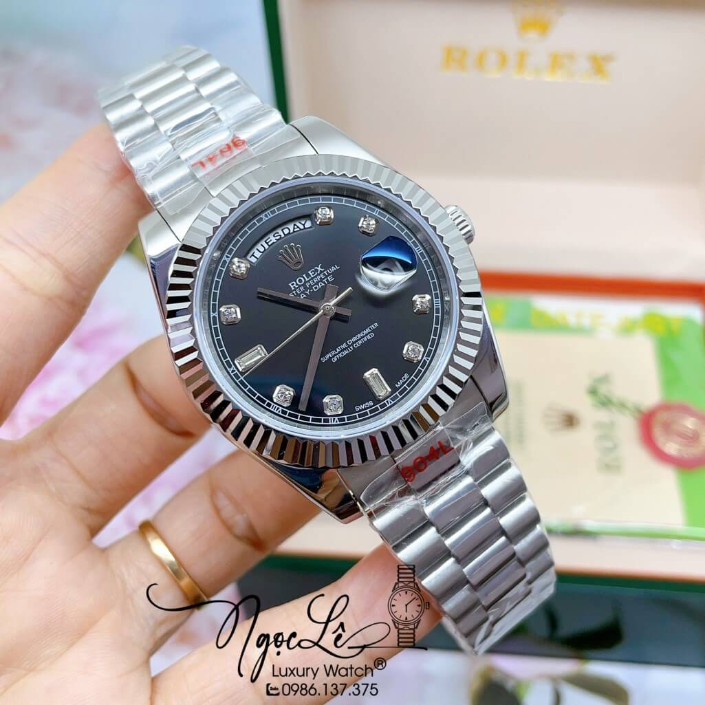 Đồng Hồ Rolex Day-Date Automatic Dây Kim Loại Bạc Mặt Đen 41mm