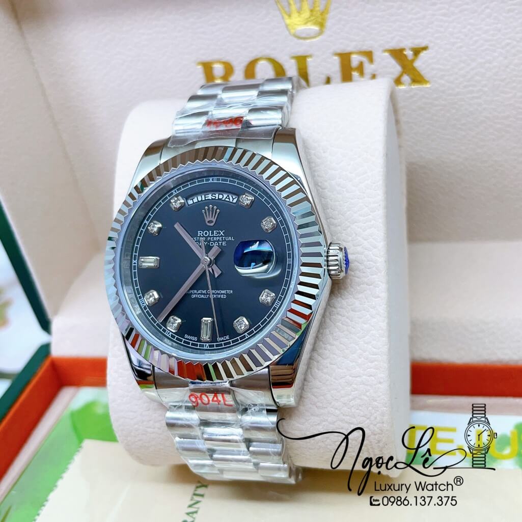 Đồng Hồ Rolex Day-Date Automatic Dây Kim Loại Bạc Mặt Đen 41mm