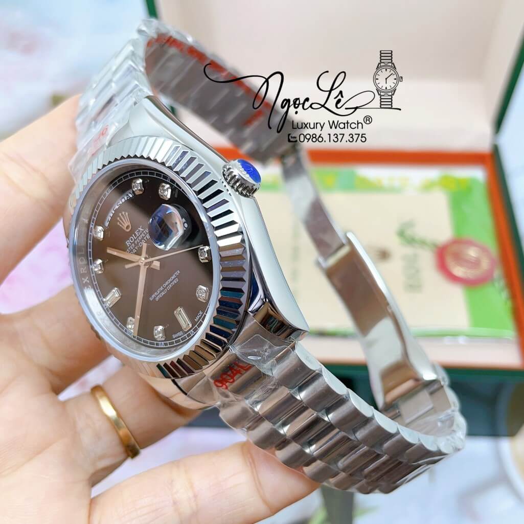 Đồng Hồ Rolex Day-Date Automatic Dây Kim Loại Bạc Mặt Đen 41mm